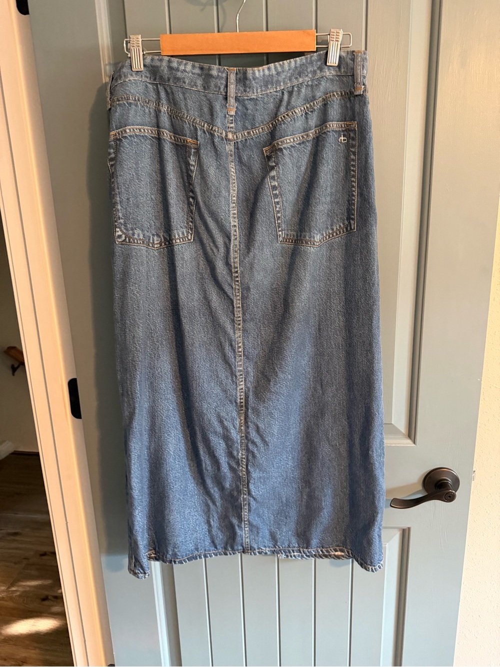 rag & bone blue denim jeans with tan stitching